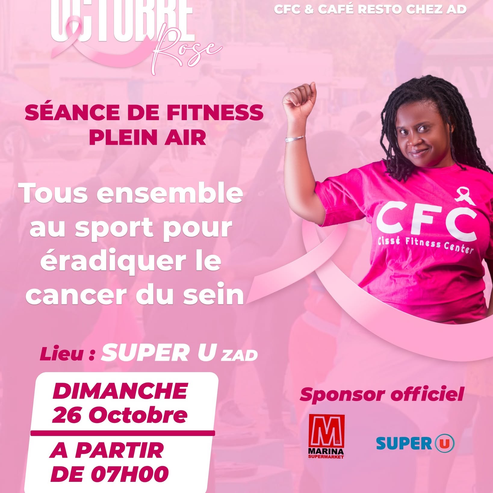 Flyer Octobre rose, séance plein air du 26 octobre 2025 au SUPER U ZAD